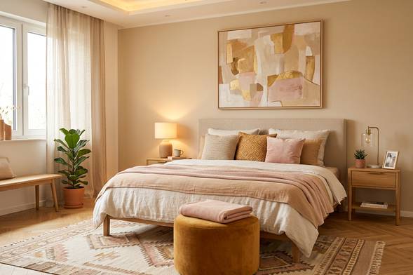 Firefly_Gemini Flash_gemütlich und modern eingerichtetes schlafzimmer, moderne möbel, warmes licht, in bei 741020.png